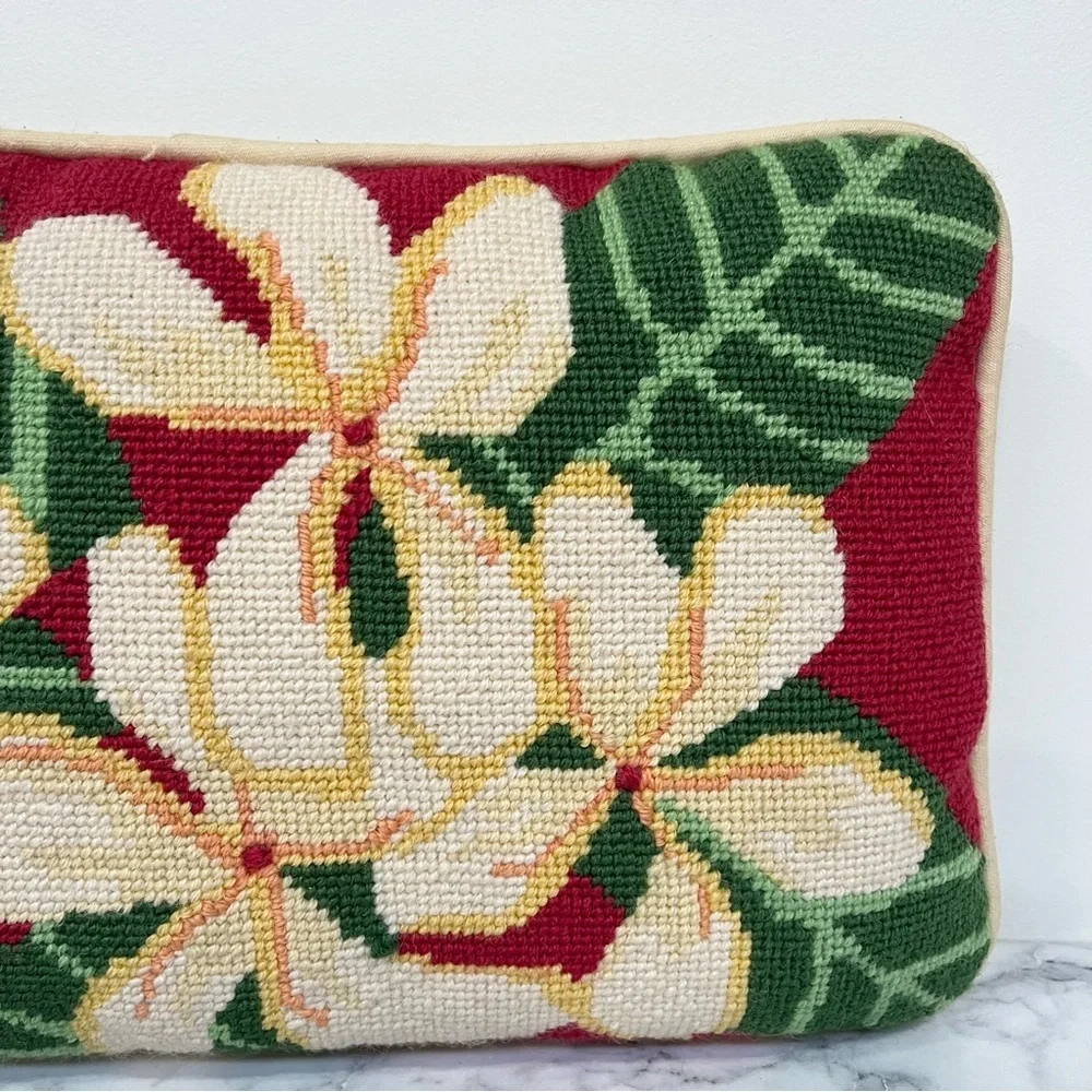 Handmade Red floral needlepoint throw pillow rectangle cream magnolia flowers